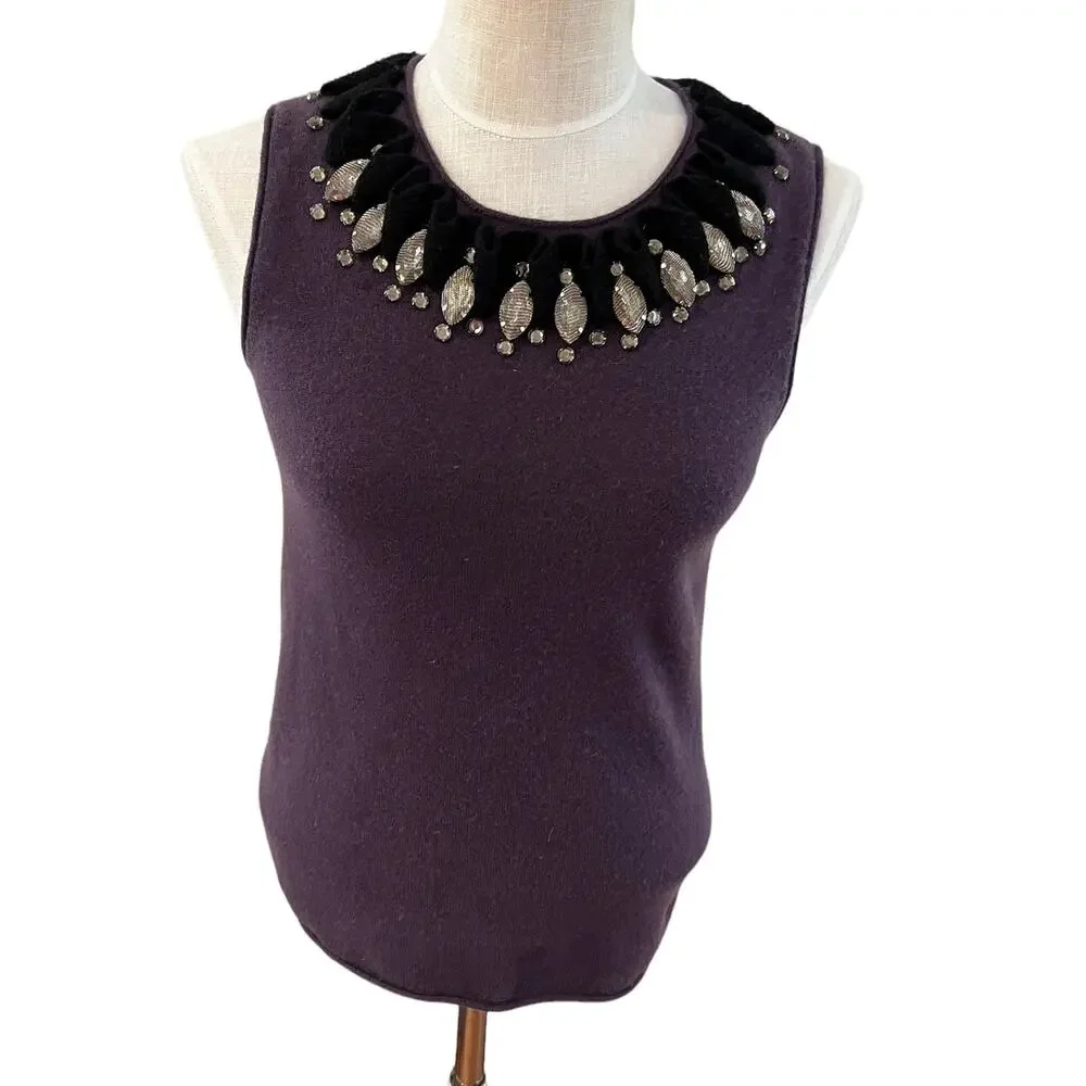 Tory Burch cashmere sweater vest plum Embellished neckline M